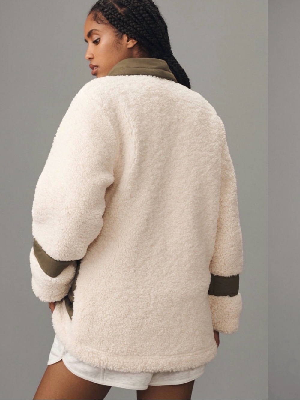 Anthropologie Pilcro Sherpa Fleece Jacket Small Cream Olive Colorblock Utility - Picture 2 of 15